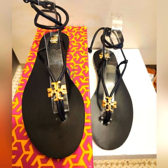 NIB Tory Burch "Capri" Black 100% Leather Lace-Up Flat Sandals Sz.6.5 Ret.$300 - Picture 2 of 11